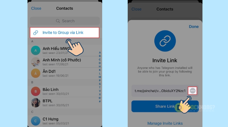 Mở lấy link nhóm và chia sẻ link để mời vào nhóm kín